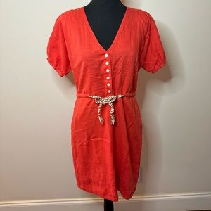 J. Crew Rumi Red Orange Coral Cotton Drawstring Shirt Dress